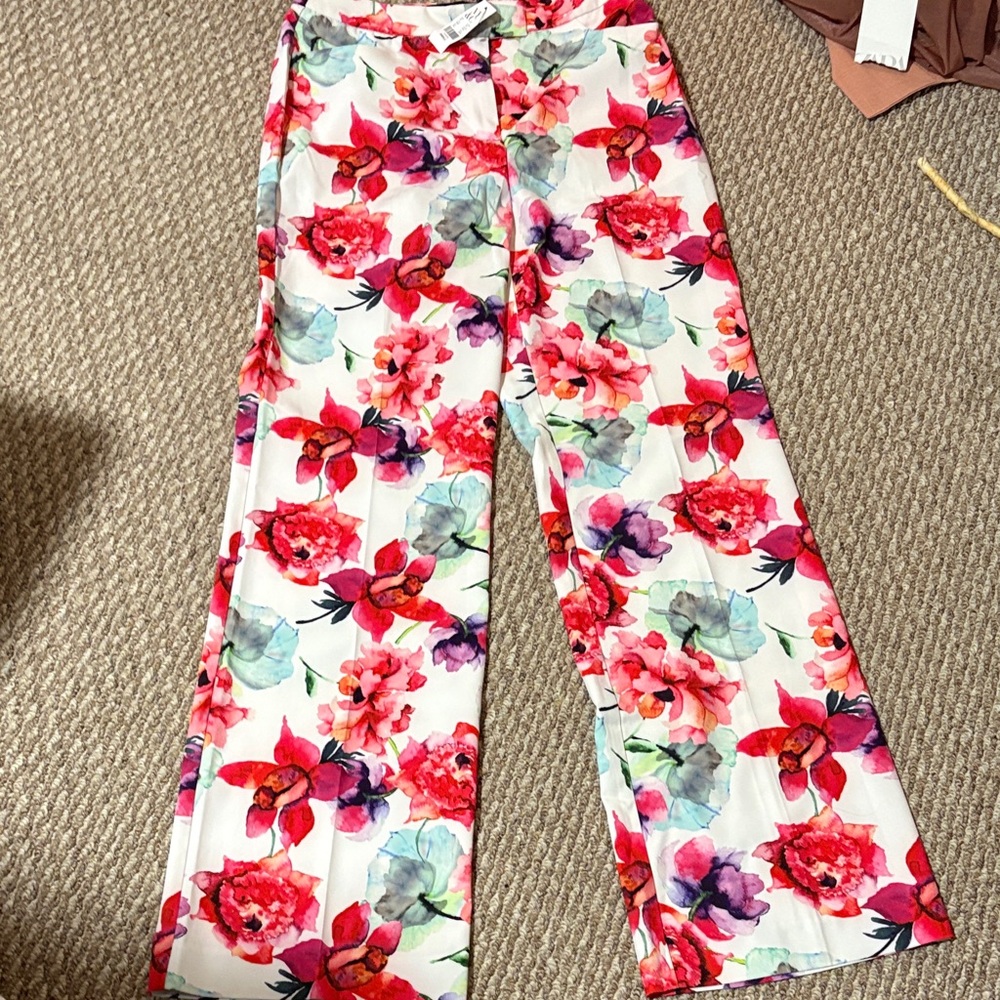 New York & Company Floral Wide Leg Pants - Red and Green